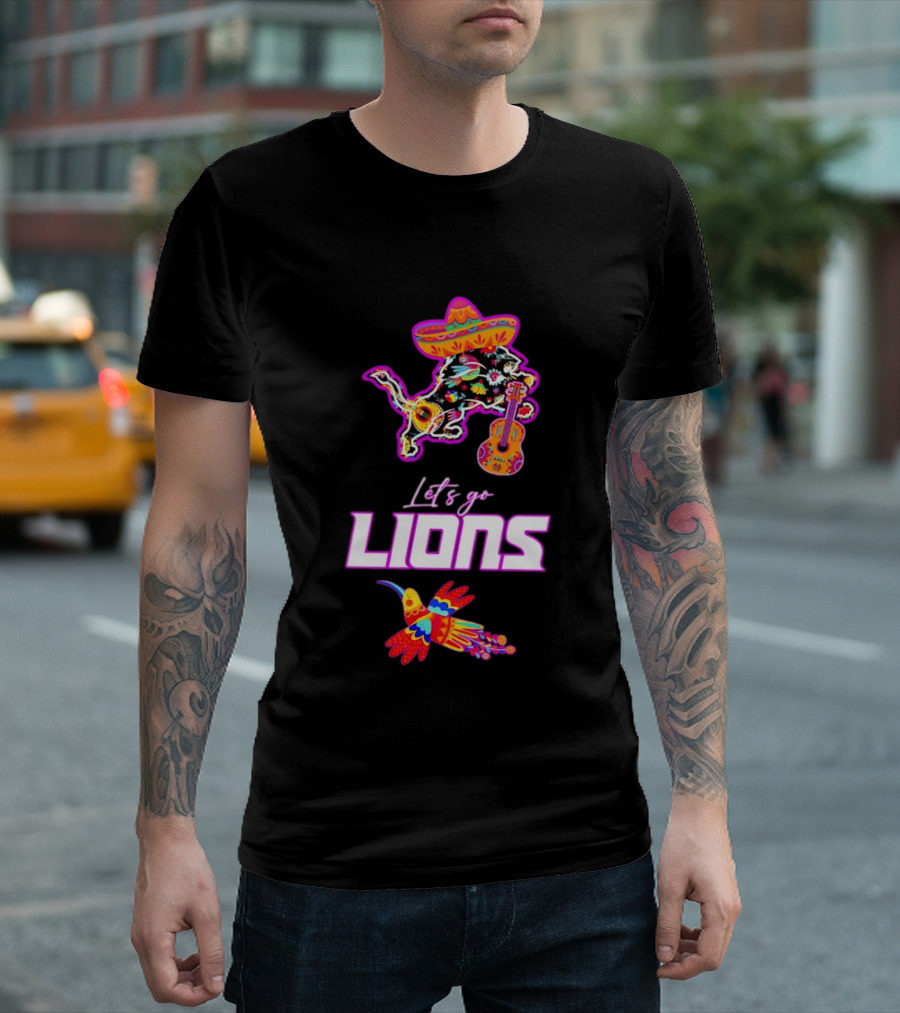 Let's Go Lions Hispanic Heritage Fiesta Mexican Folk Sombrero And Guitar T-Shirt