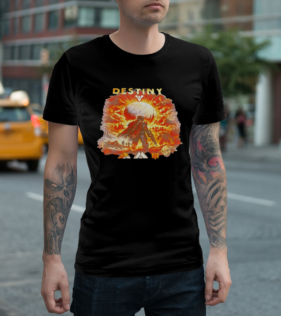 Destiny 3 Guardian Fireteam Solar Battle Scene With Traveler Sky Planet And Skull T-Shirt