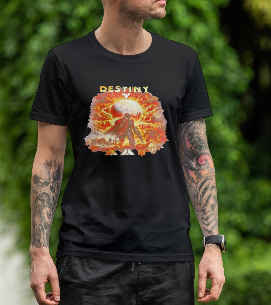 Destiny 3 Guardian Fireteam Solar Battle Scene With Traveler Sky Planet And Skull T-Shirt