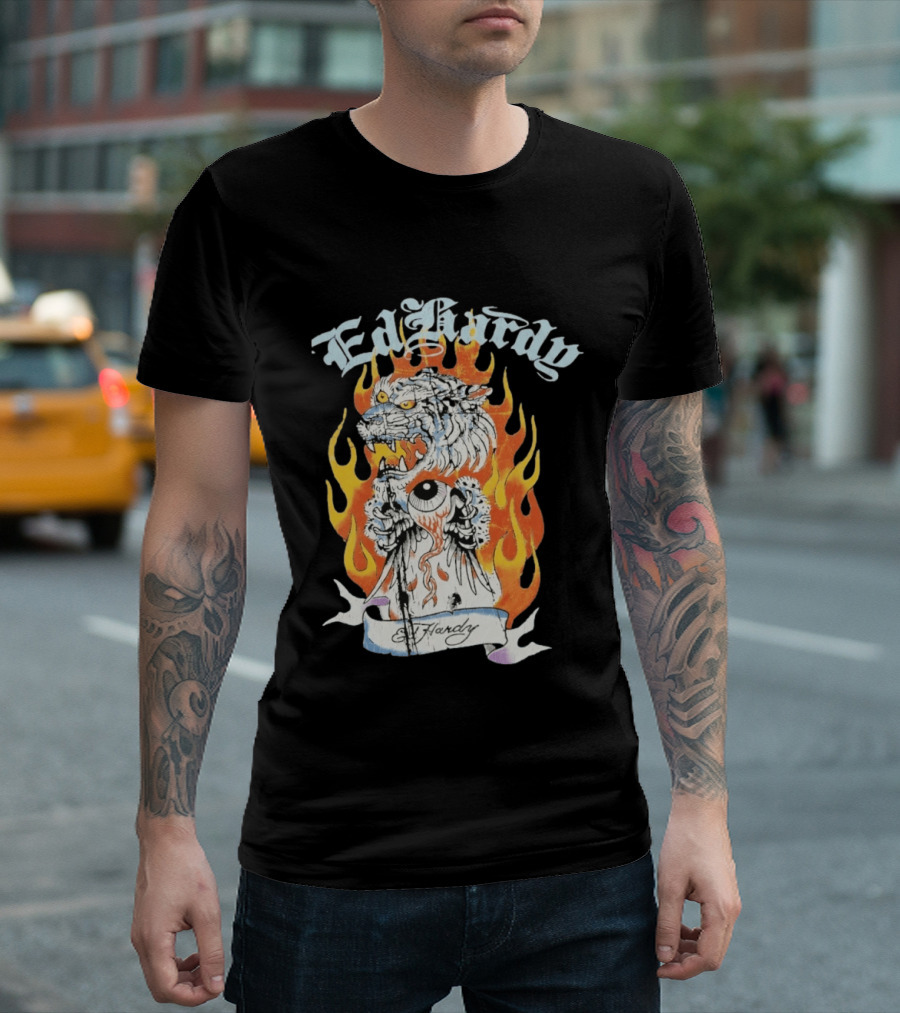 Ed Hardy Flaming Tiger Eyeball Flame Tattoo T-Shirt