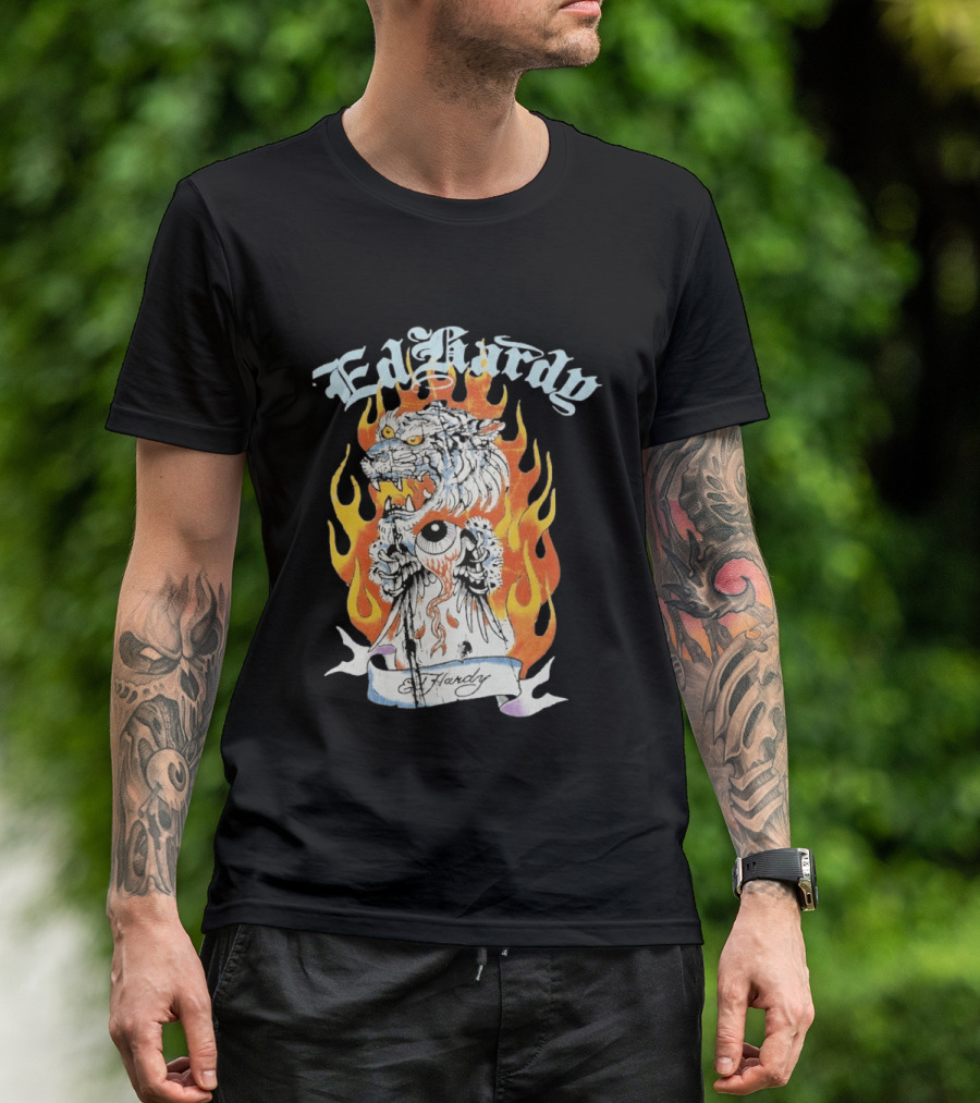 Ed Hardy Flaming Tiger Eyeball Flame Tattoo T-Shirt