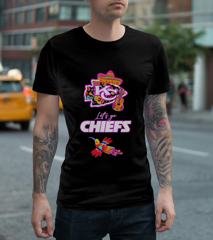 Kansas City Chiefs Let's Go Chiefs Fiesta Hispanic Heritage Mexican Folk KC Sombrero Guitar Hummingbird T-Shirt