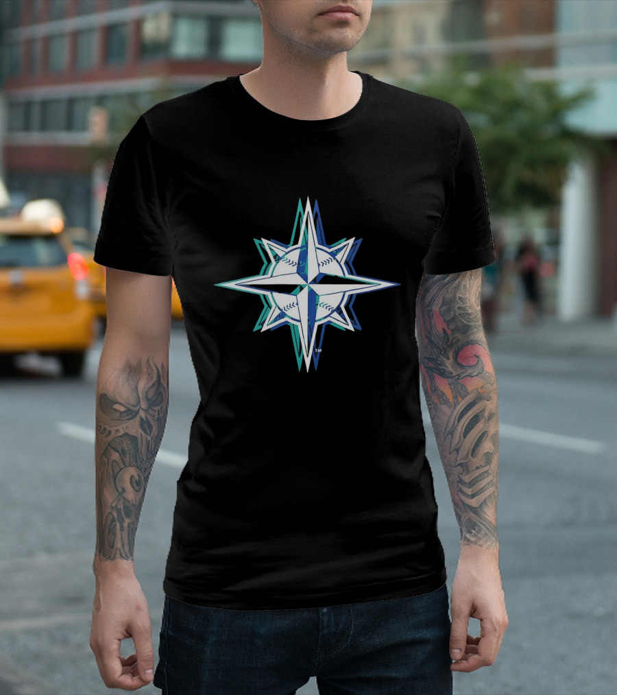 Seattle Mariners MLB 2026 Glitch Star With Baseball Seam Compass T-Shirt