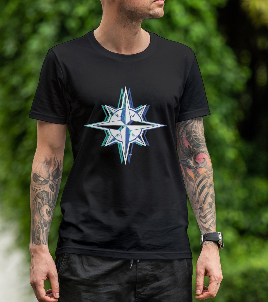 Seattle Mariners MLB 2026 Glitch Star With Baseball Seam Compass T-Shirt
