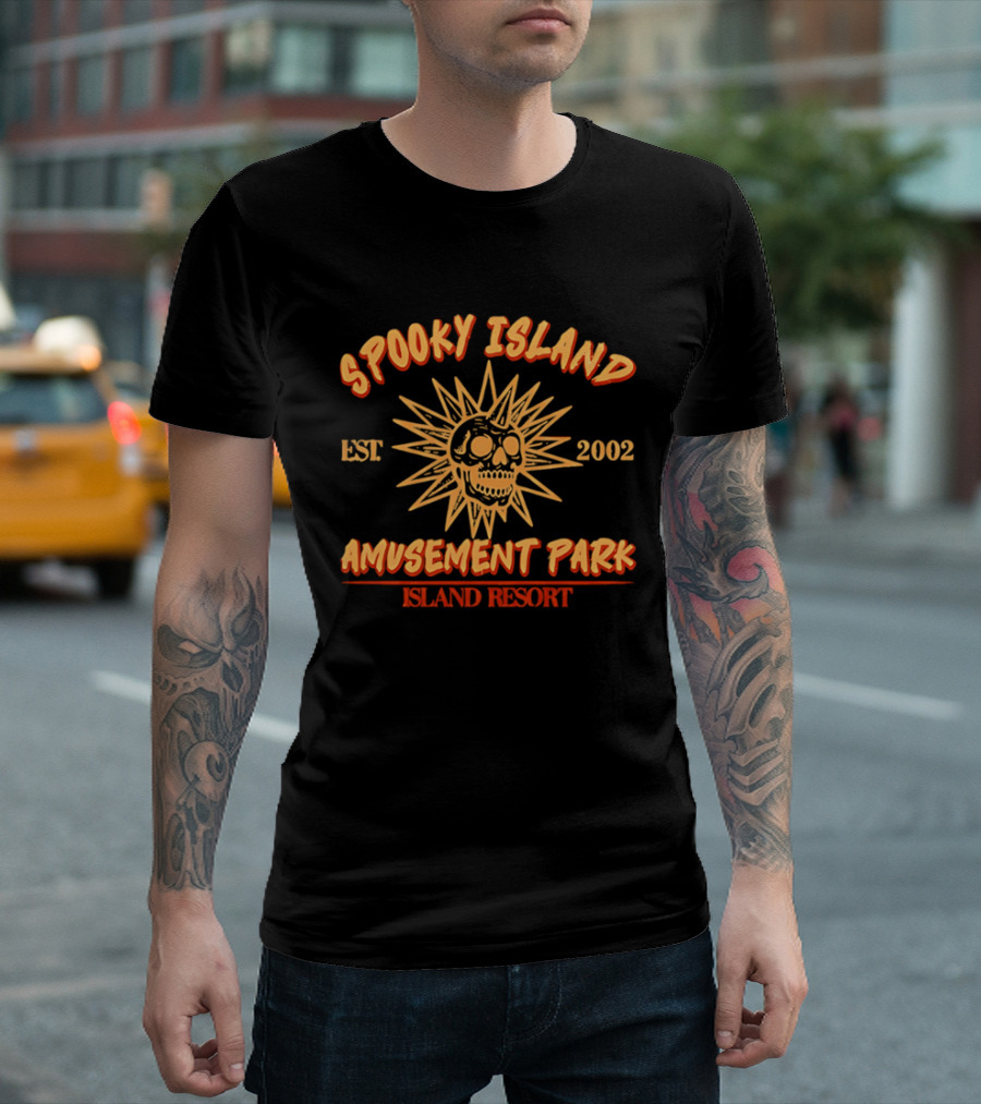 Spooky Island Amusement Park Est 2002 Island Resort Skull Sunburst T-Shirt