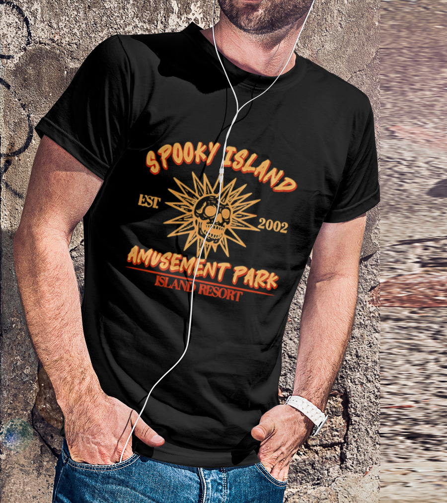Spooky Island Amusement Park Est 2002 Island Resort Skull Sunburst T-Shirt