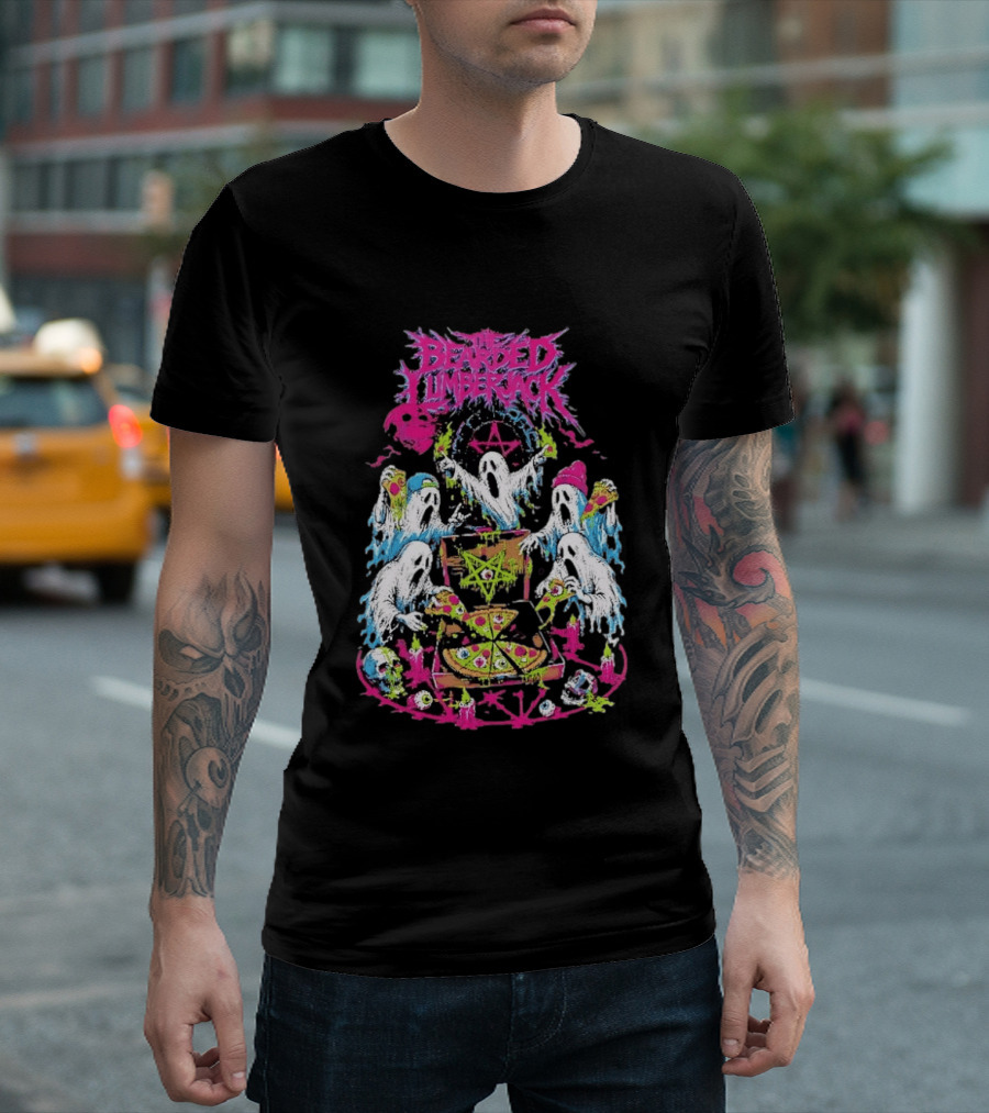 The Bearded Lumberjack Ghosts Enjoying Pizza With Pentagram T-Shirt