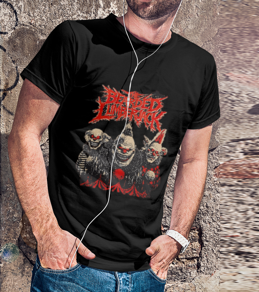 The Bearded Lumberjack Three Killer Clowns Horror Grinning Faces T-Shirt