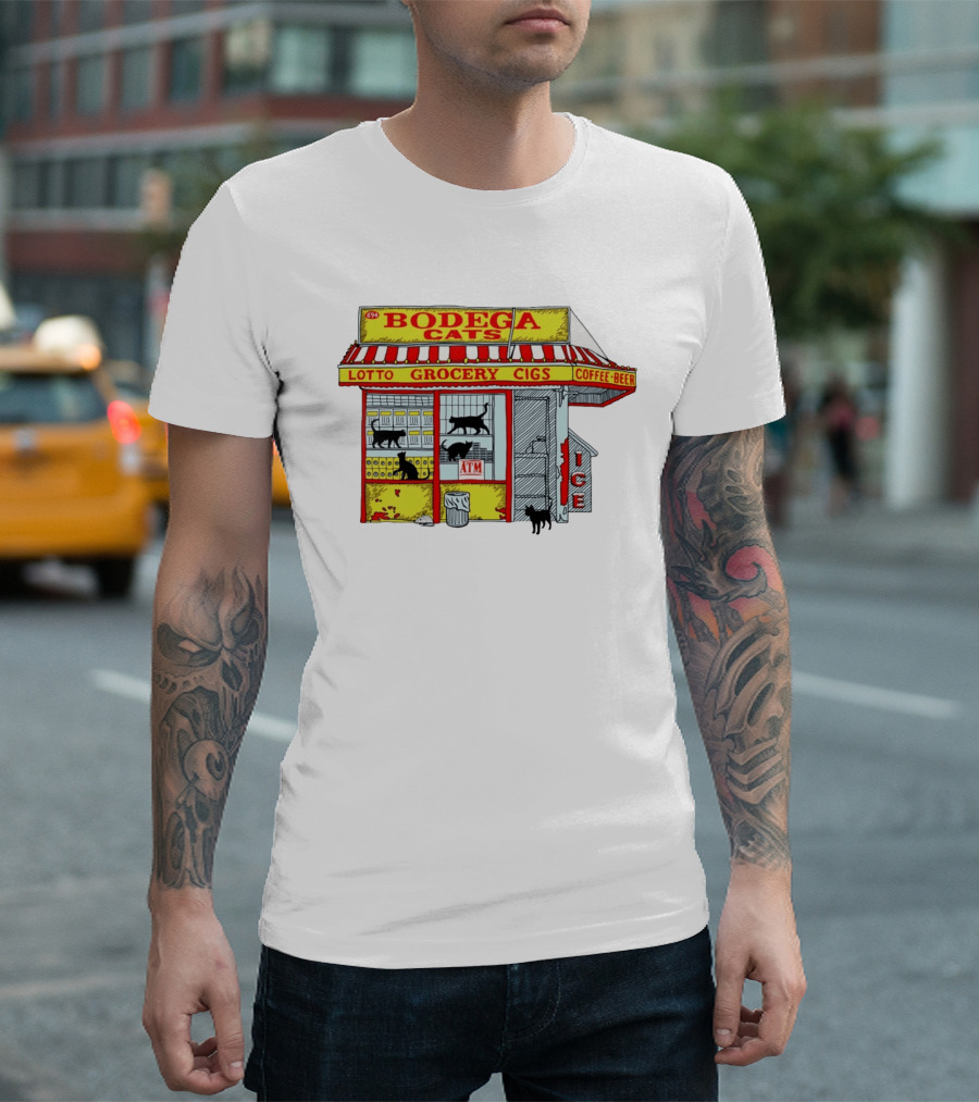 Bodega Cats Grocery Cigs Lotto Coffee Beer Ice ATM T-Shirt