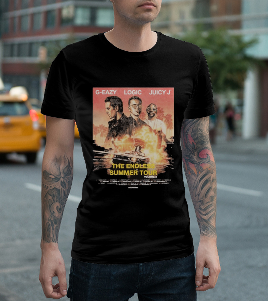 G Eazy Logic Juicy J The Endless Summer Tour Volume 2 2026 Retro Car Palm Trees T-Shirt