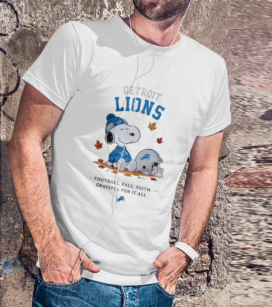 Detroit Lions Snoopy Football Fall Faith Grateful For It All Leaves Helmet T-Shirt