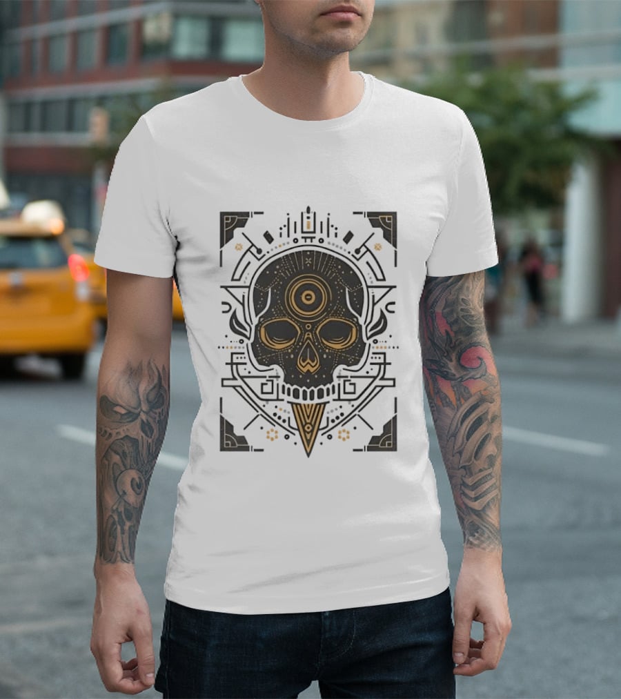 Sacred Geometry Skull Minimalist Golden Ornamental T-Shirt