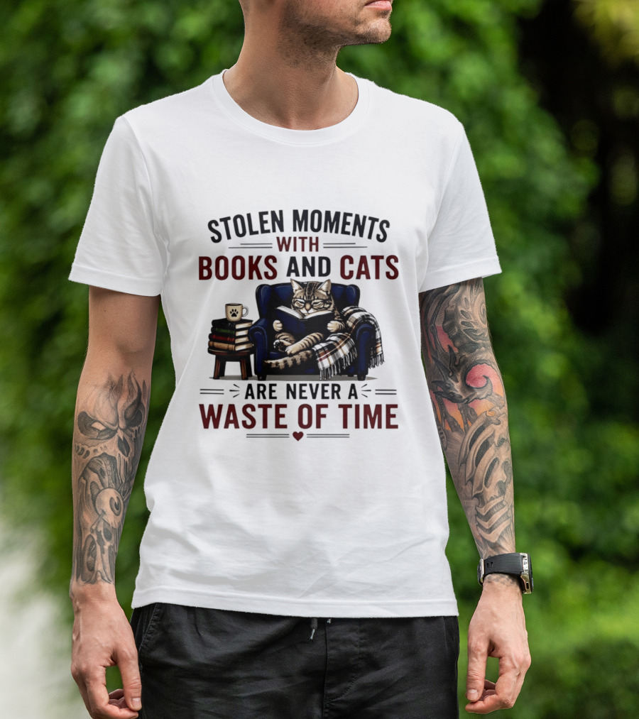 Stolen Moments With Books And Cats Are Never A Waste Of Time Cozy Reading Vibes T-Shirt