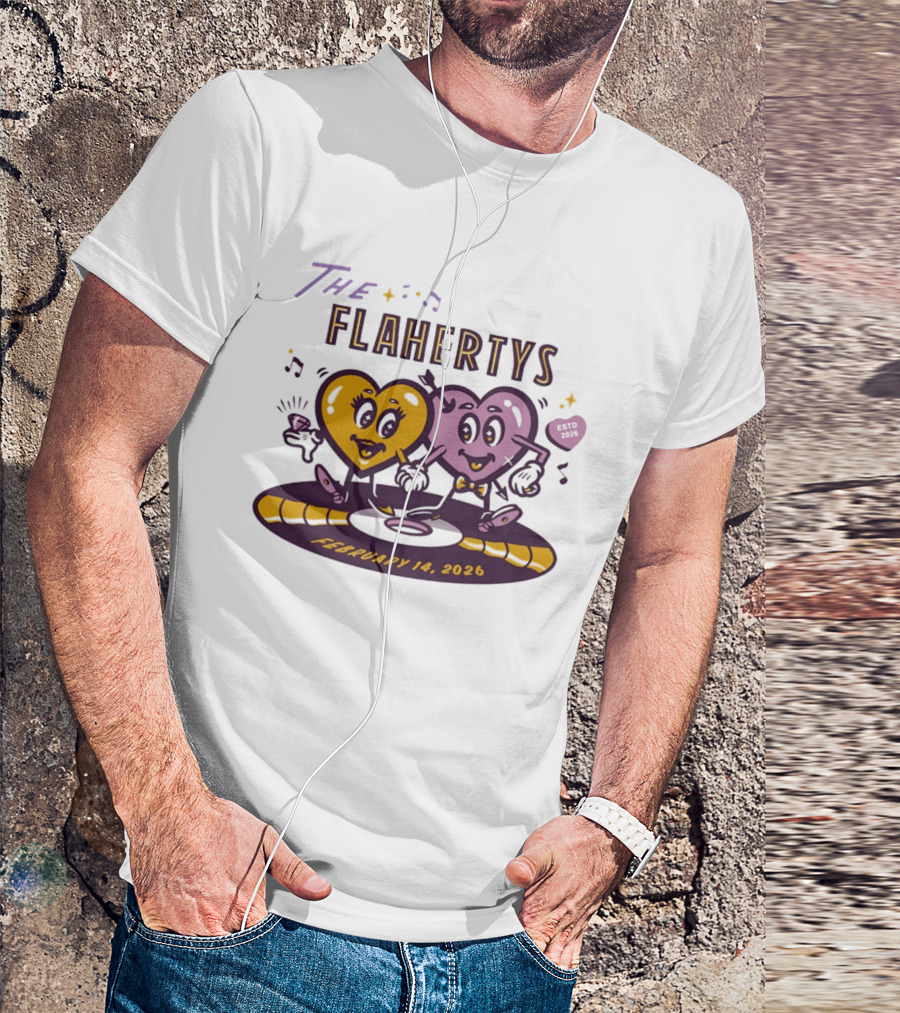 The Flahertys February 14 2026 Dancing Wedding Hearts With Music Notes T-Shirt