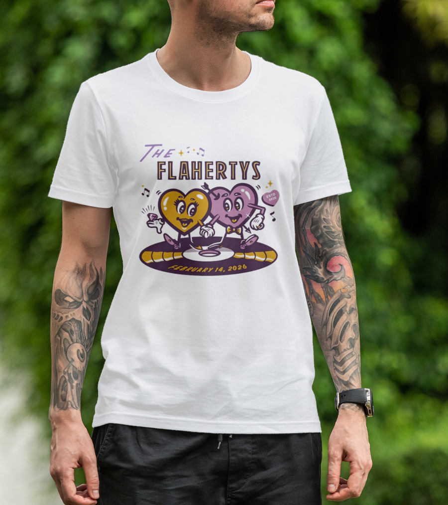The Flahertys February 14 2026 Dancing Wedding Hearts With Music Notes T-Shirt