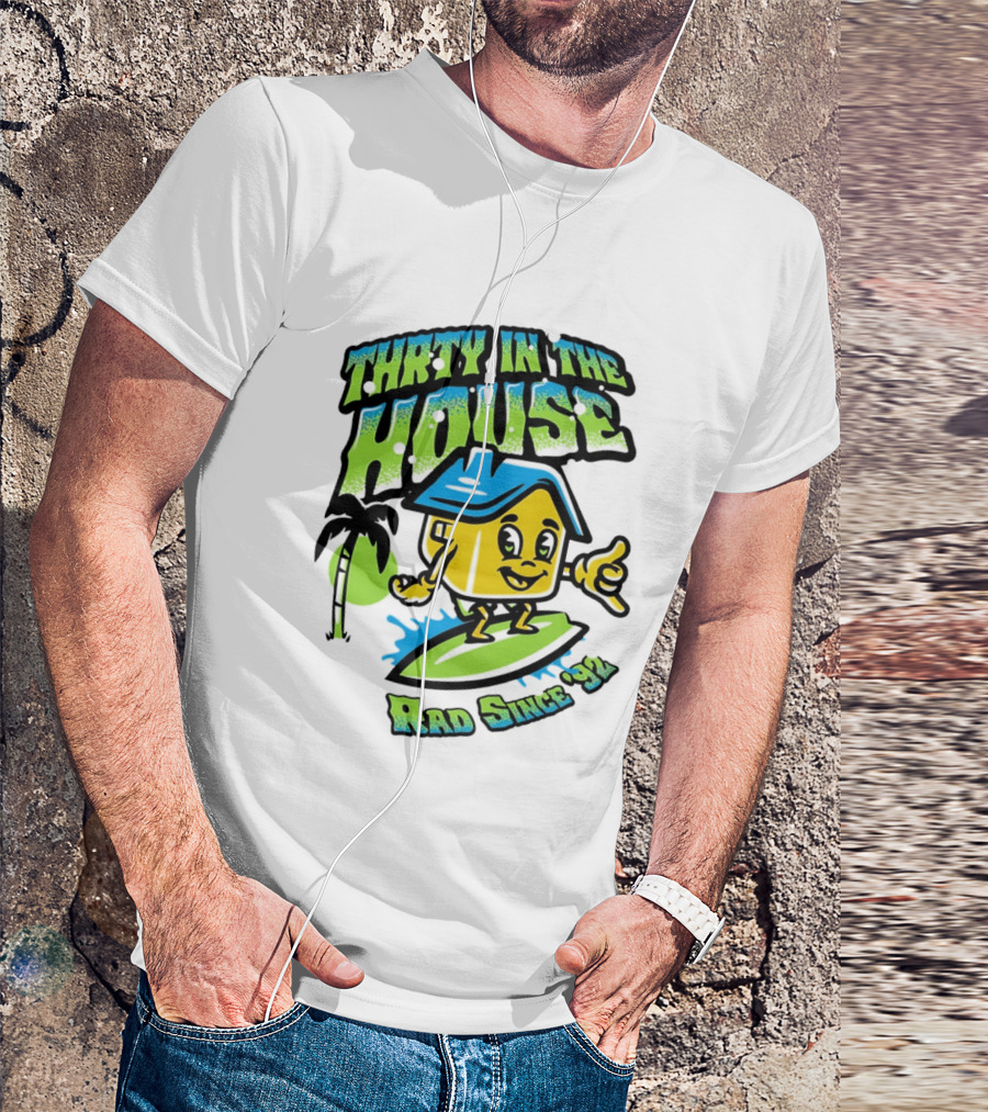 Thrty In The House Rad Since 92 Surfer Cartoon Palm Tree Vibes T-Shirt