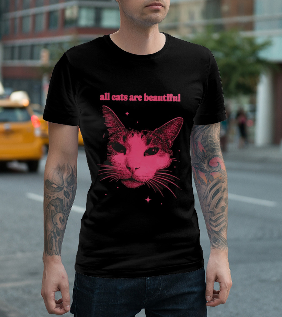All Cats Are Beautiful Pink Halftone Cat Face With Stars T-Shirt