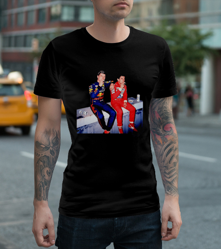 Max Verstappen Red Bull Racing And Ayrton Senna Honda Marlboro F1 Legends Smoking Together T-Shirt