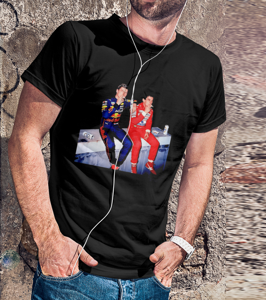Max Verstappen Red Bull Racing And Ayrton Senna Honda Marlboro F1 Legends Smoking Together T-Shirt