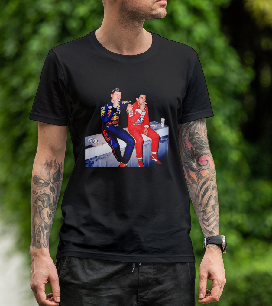 Max Verstappen Red Bull Racing And Ayrton Senna Honda Marlboro F1 Legends Smoking Together T-Shirt