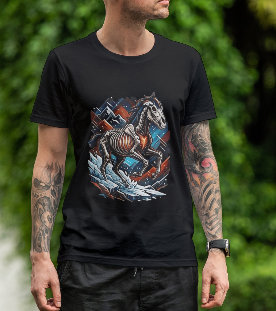 Denver Broncos Runs In My Blood Skeleton Horse And Mountains T-Shirt