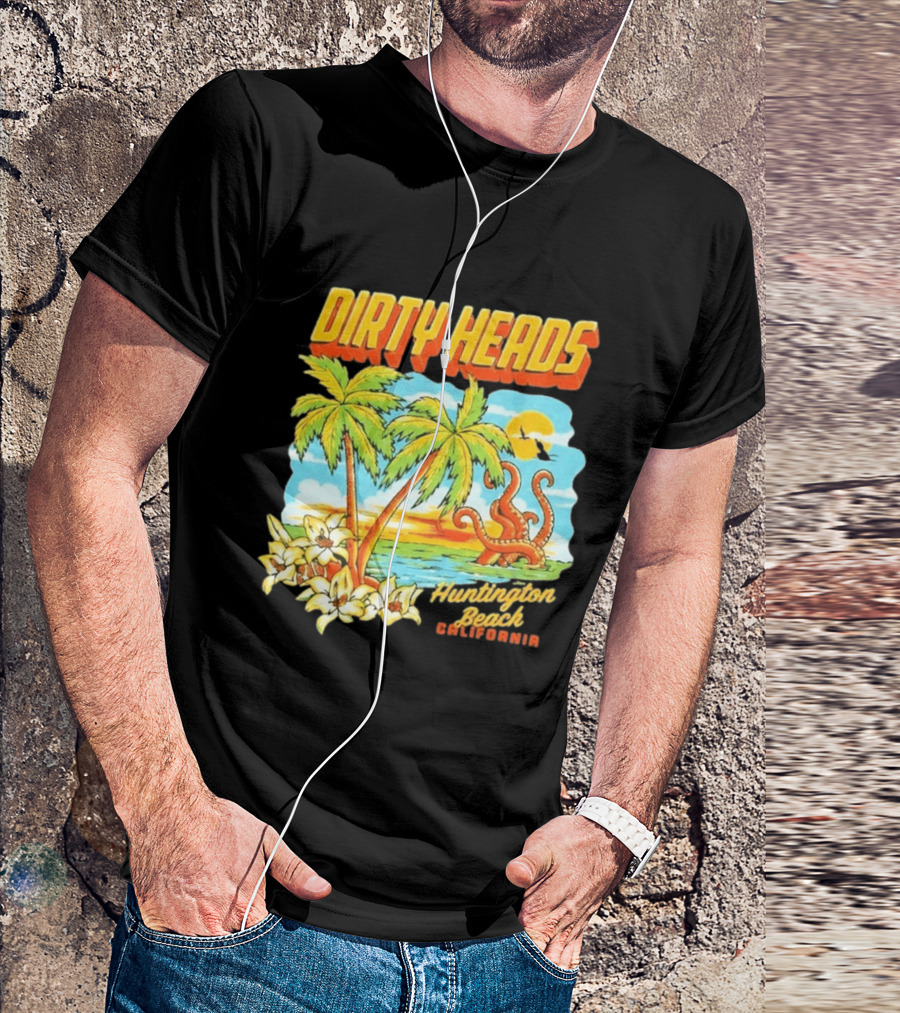 Dirty Heads Tropical Beach Palm Trees Ocean Sunset Octopus Huntington Beach California T-Shirt