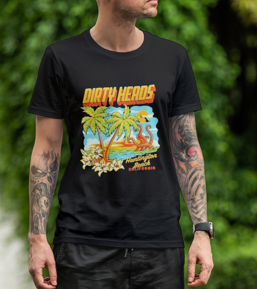 Dirty Heads Tropical Beach Palm Trees Ocean Sunset Octopus Huntington Beach California T-Shirt