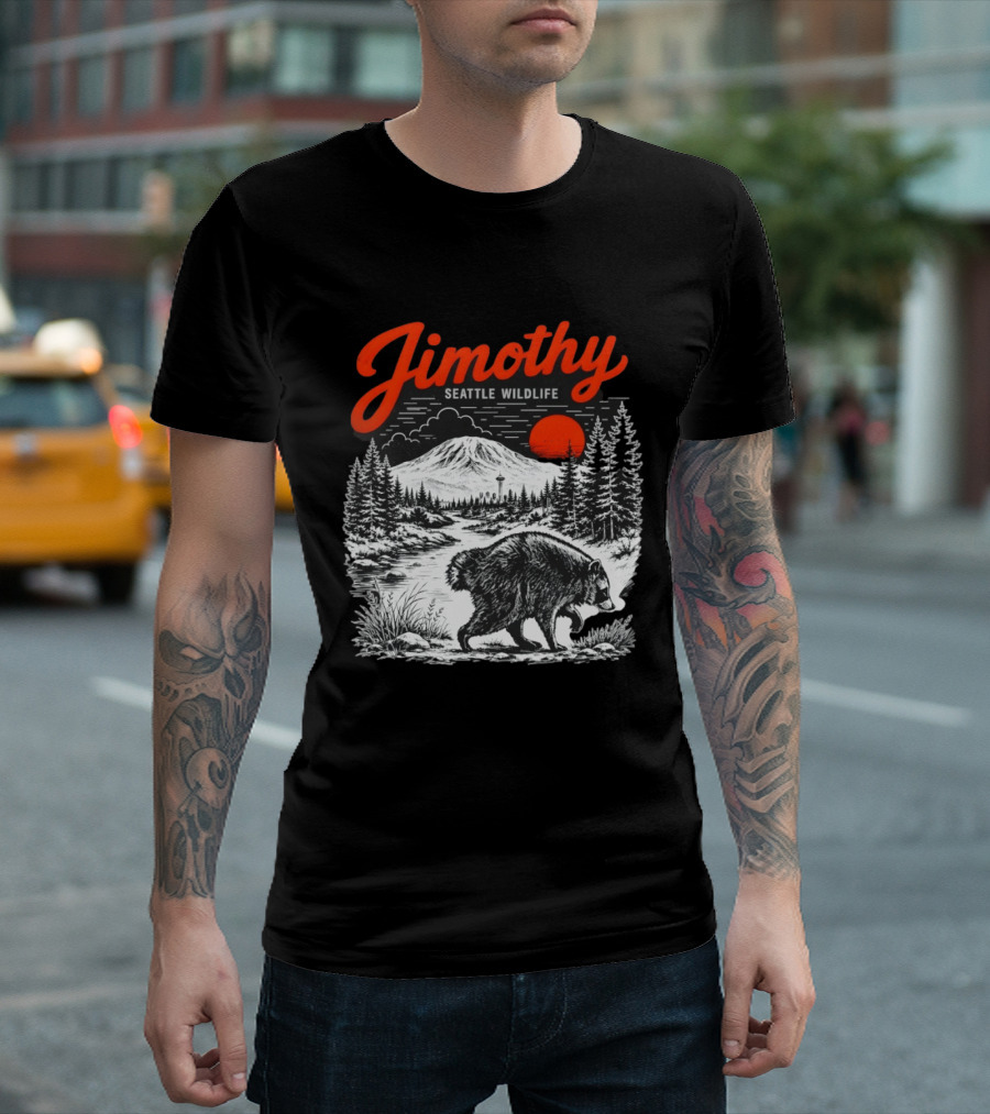 Jimothy Seattle Wildlife Raccoon With Mountain And Space Needle T-Shirt