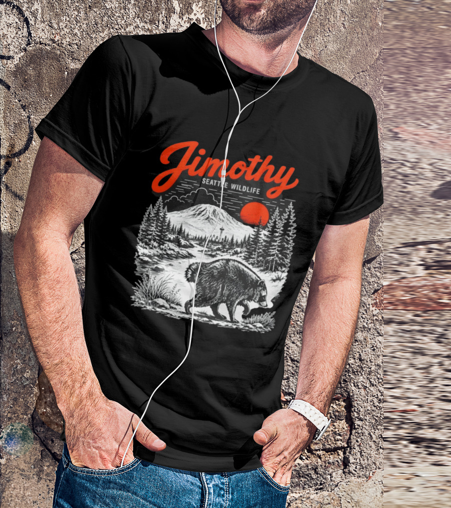 Jimothy Seattle Wildlife Raccoon With Mountain And Space Needle T-Shirt