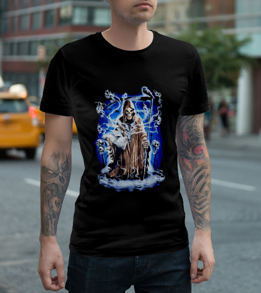 Sooner Than You Think Grim Reaper Skull And Scythe In Blue Mist T-Shirt