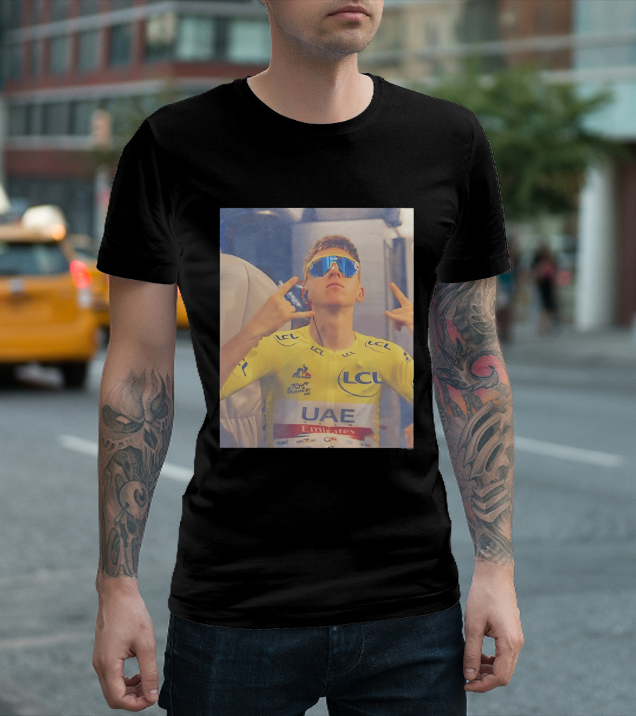 Tadej Pogačar In UAE Emirates Tour De France LCL Yellow Jersey With Sunglasses T-Shirt