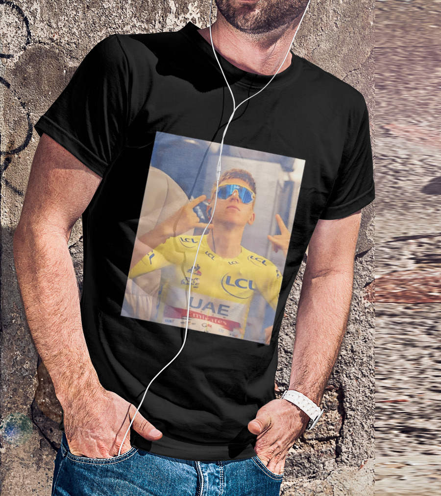 Tadej Pogačar In UAE Emirates Tour De France LCL Yellow Jersey With Sunglasses T-Shirt