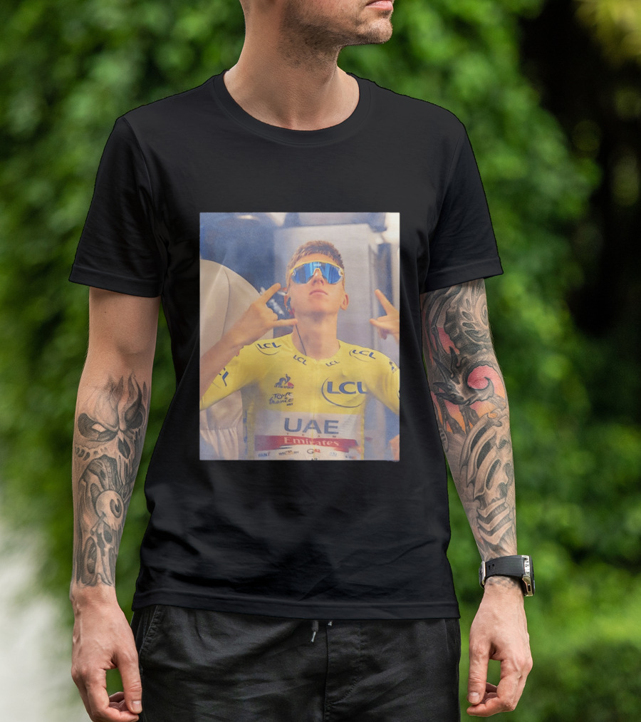 Tadej Pogačar In UAE Emirates Tour De France LCL Yellow Jersey With Sunglasses T-Shirt