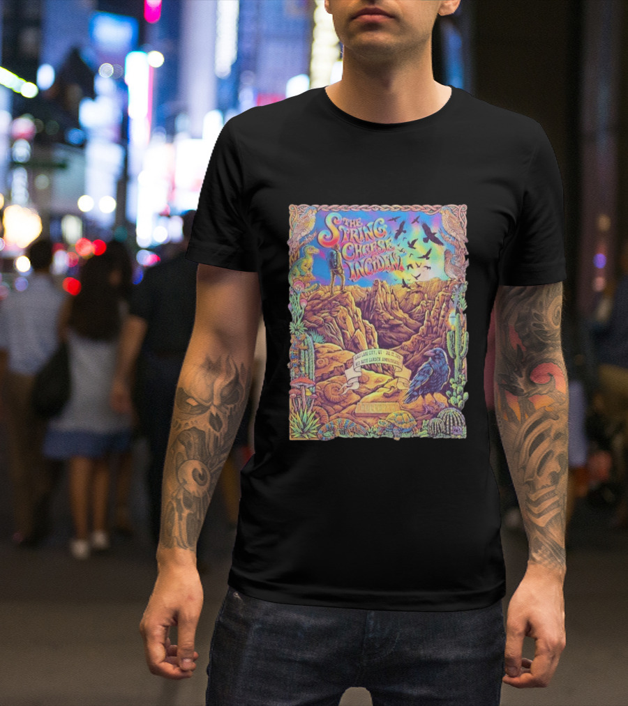 The String Cheese Incident Salt Lake City Utah Red Butte Garden Amphitheatre July 22 2026 Psychedelic Desert Scene With Wildlife And Cactus T-Shirt