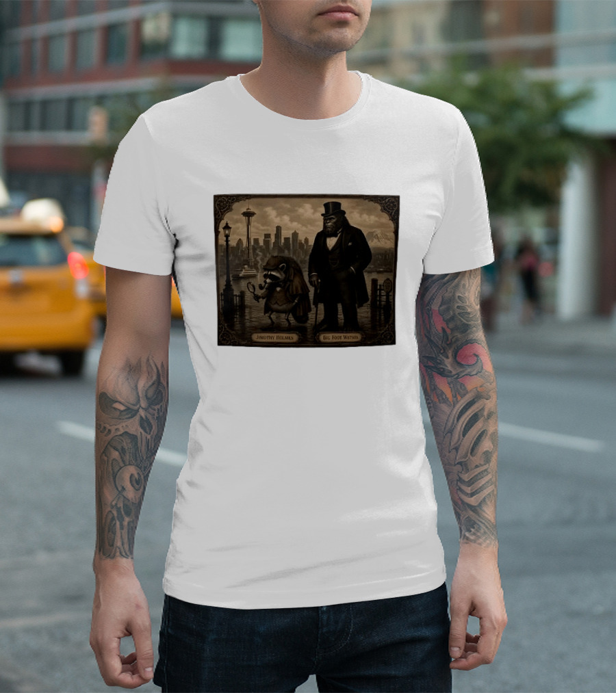 Jimothy Holmes Bigfoot Watson In Vintage Detective Scene Seattle Skyline T-Shirt