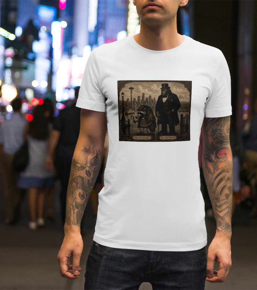 Jimothy Holmes Bigfoot Watson In Vintage Detective Scene Seattle Skyline T-Shirt