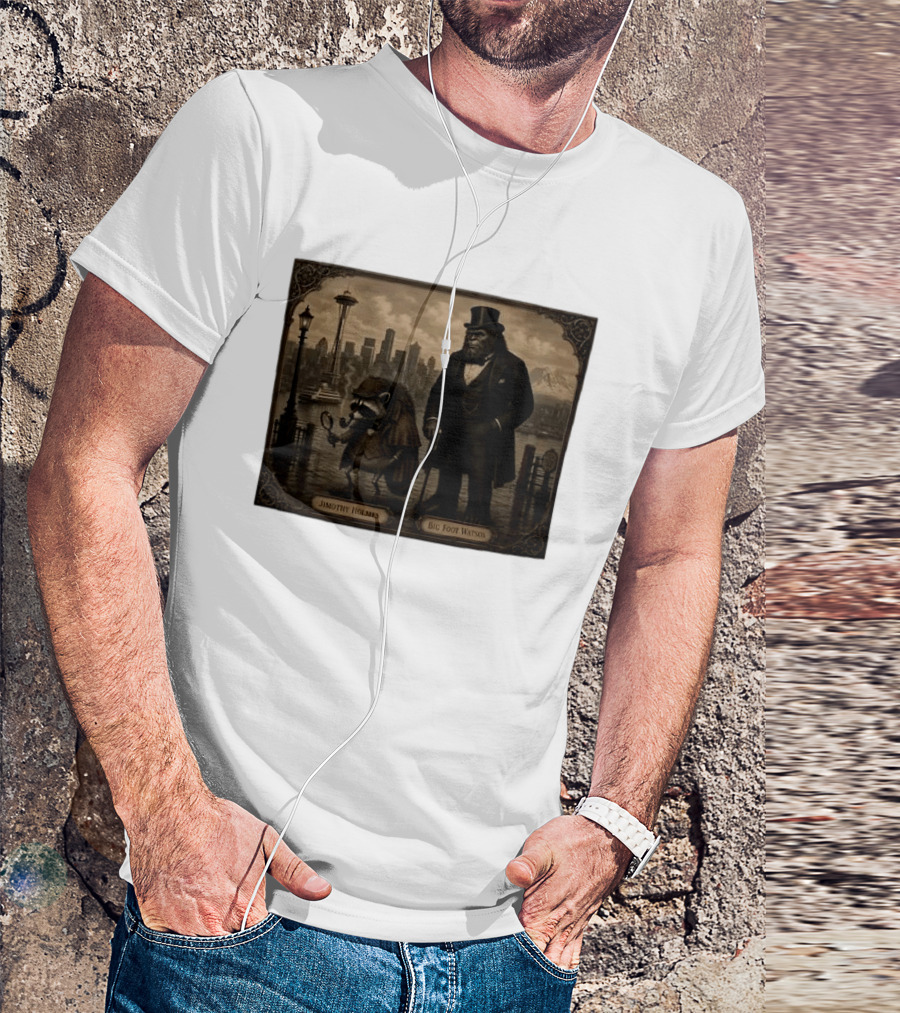 Jimothy Holmes Bigfoot Watson In Vintage Detective Scene Seattle Skyline T-Shirt