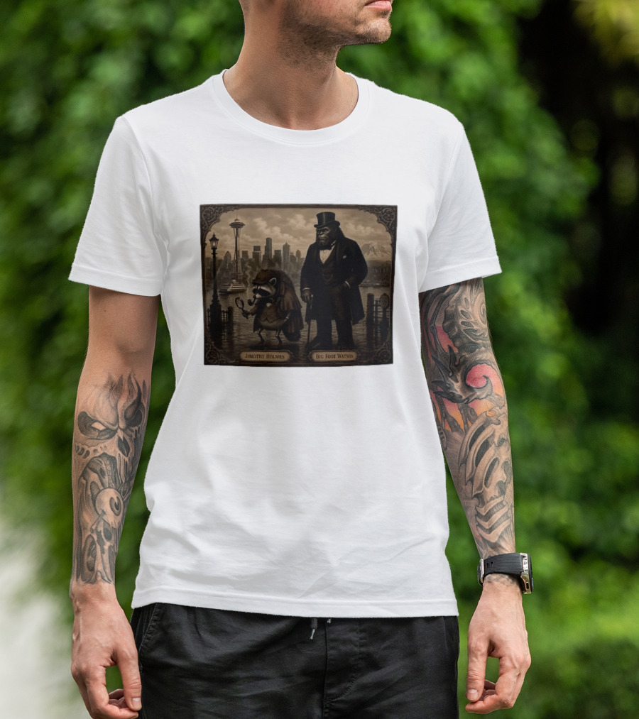 Jimothy Holmes Bigfoot Watson In Vintage Detective Scene Seattle Skyline T-Shirt