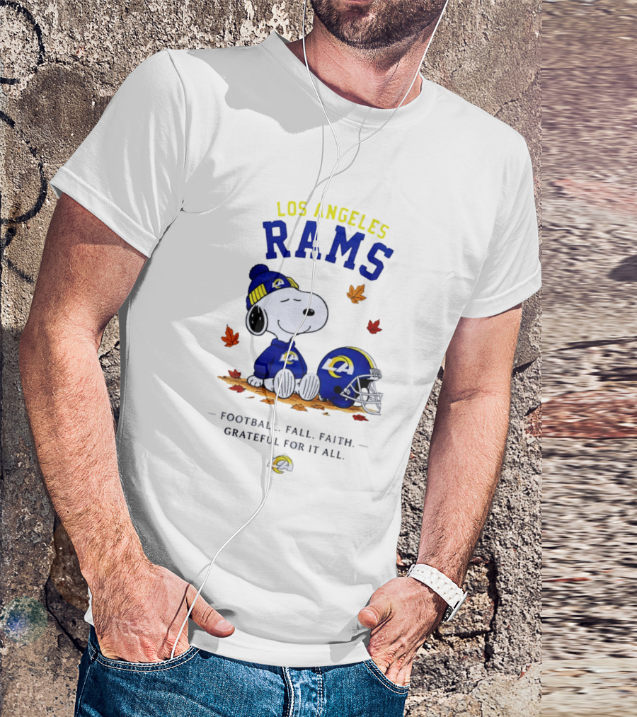 Los Angeles Rams Snoopy Football Fall Faith Grateful For It All NFL Peanuts Fan Gear T-Shirt