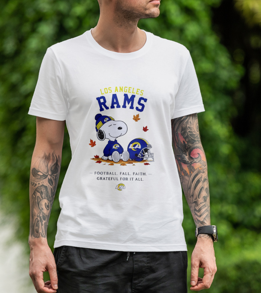 Los Angeles Rams Snoopy Football Fall Faith Grateful For It All NFL Peanuts Fan Gear T-Shirt