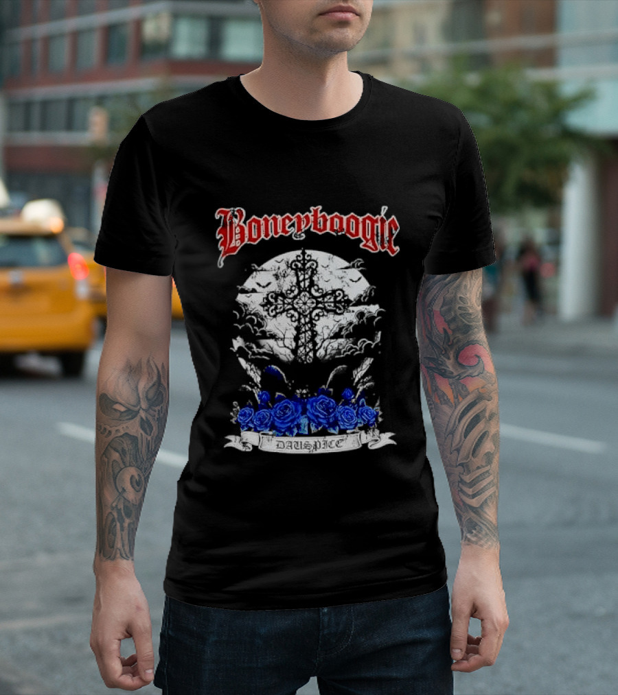 Boneyboogie Gothic Cross With Blue Roses And Full Moon T-Shirt