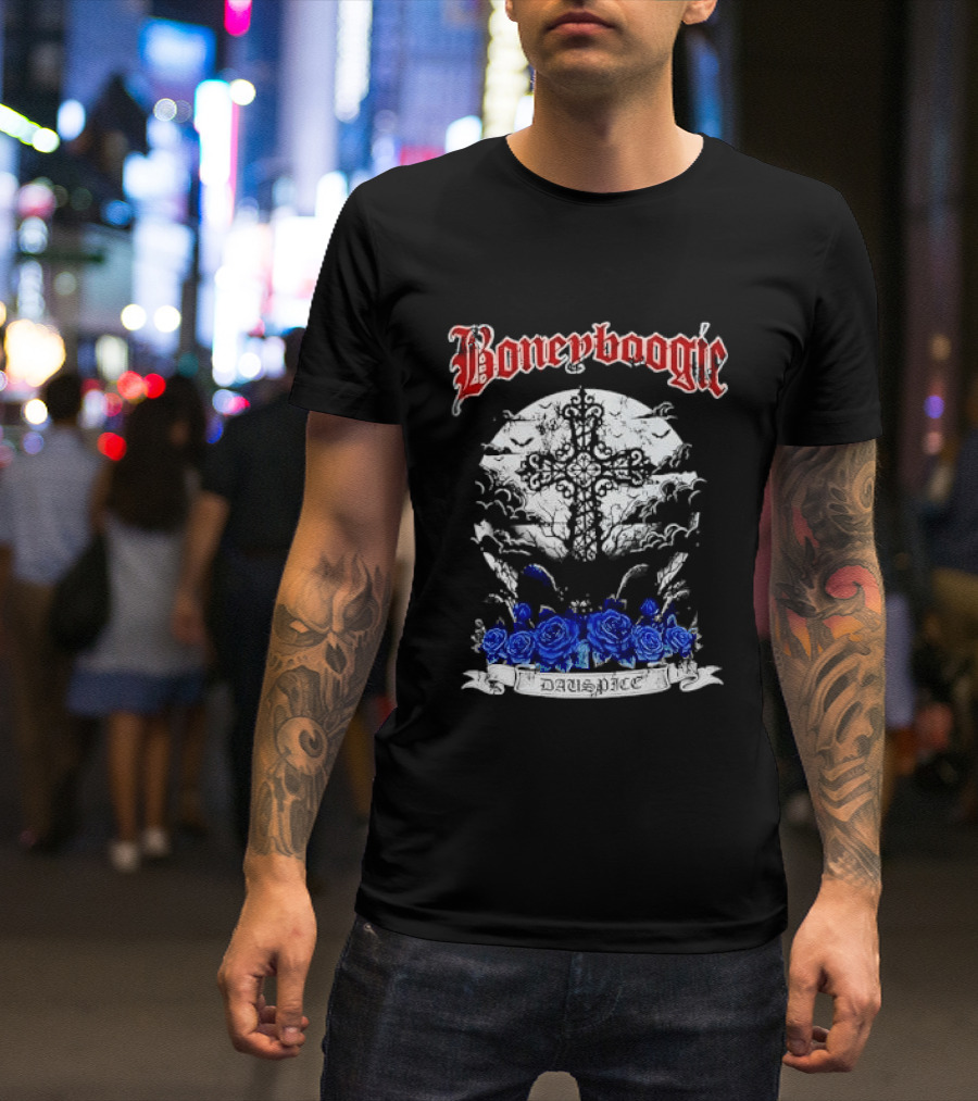 Boneyboogie Gothic Cross With Blue Roses And Full Moon T-Shirt