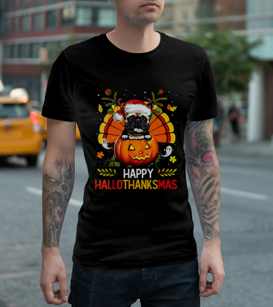 Happy Hallothanksmas Bulldog With Santa Hat Pumpkin And Turkey Feathers 2026 T-Shirt