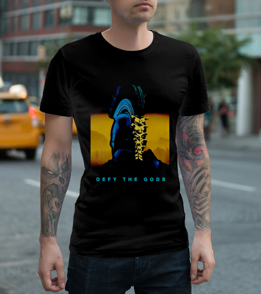 Defy The Gods Spartan Warrior Helmet Art Blue And Gold T-Shirt