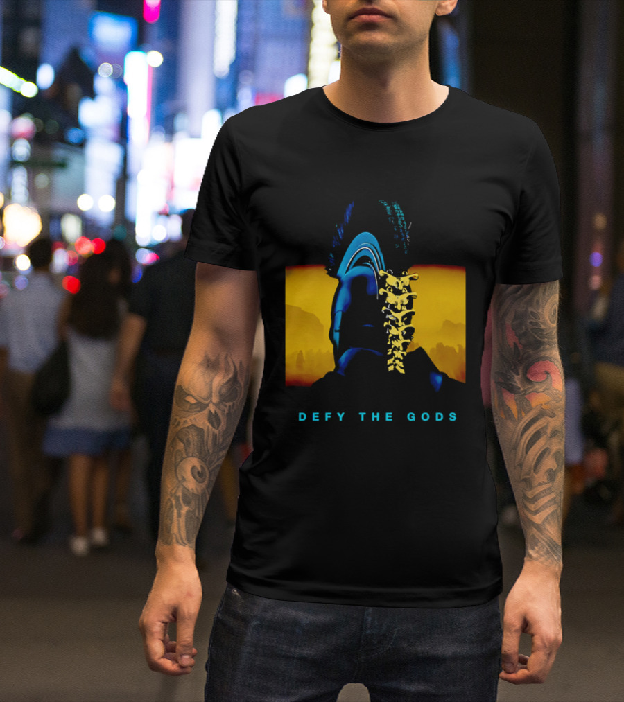 Defy The Gods Spartan Warrior Helmet Art Blue And Gold T-Shirt