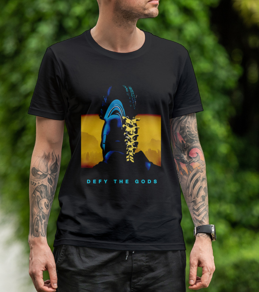 Defy The Gods Spartan Warrior Helmet Art Blue And Gold T-Shirt