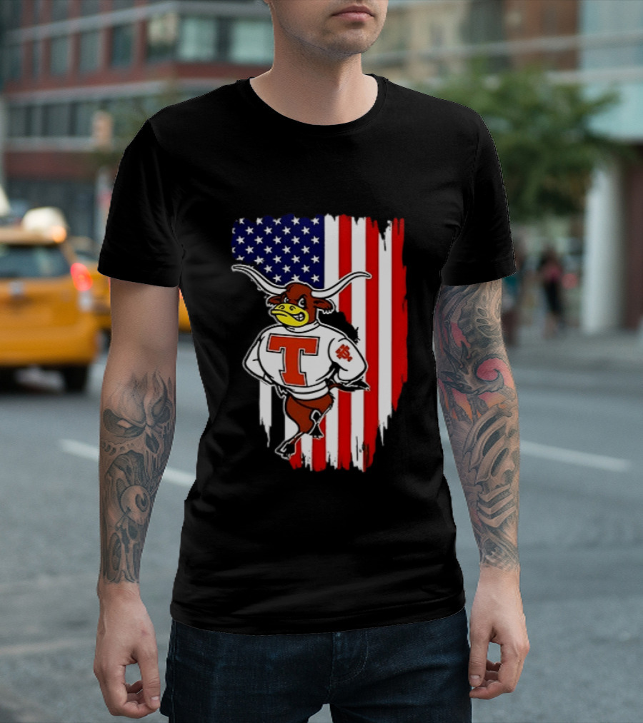 Texas Longhorns Mascot Over USA Flag T-Shirt
