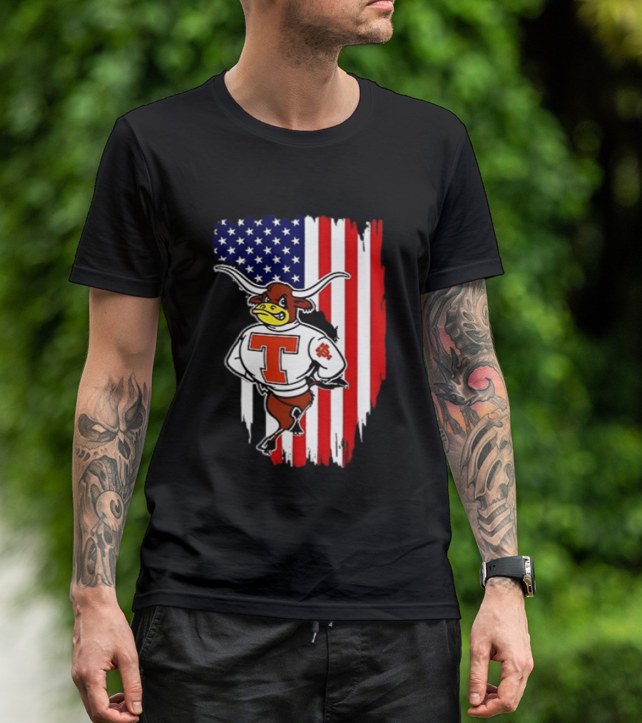 Texas Longhorns Mascot Over USA Flag T-Shirt