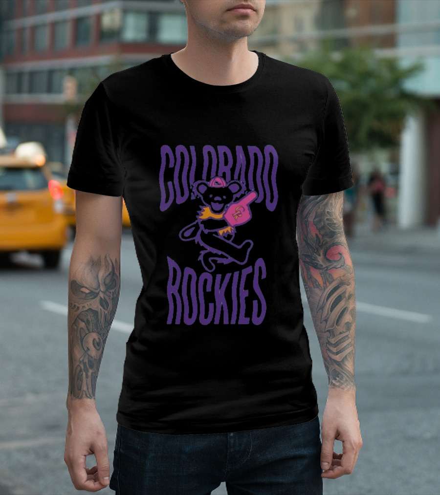 Colorado Rockies Grateful Dead Bear With Foam Finger Fan T-Shirt