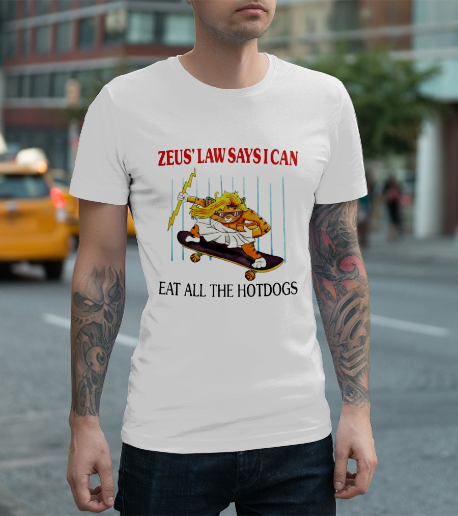 Zeus' Law Says I Can Eat All The Hotdogs Cat Holding Lightning Skateboard T-Shirt